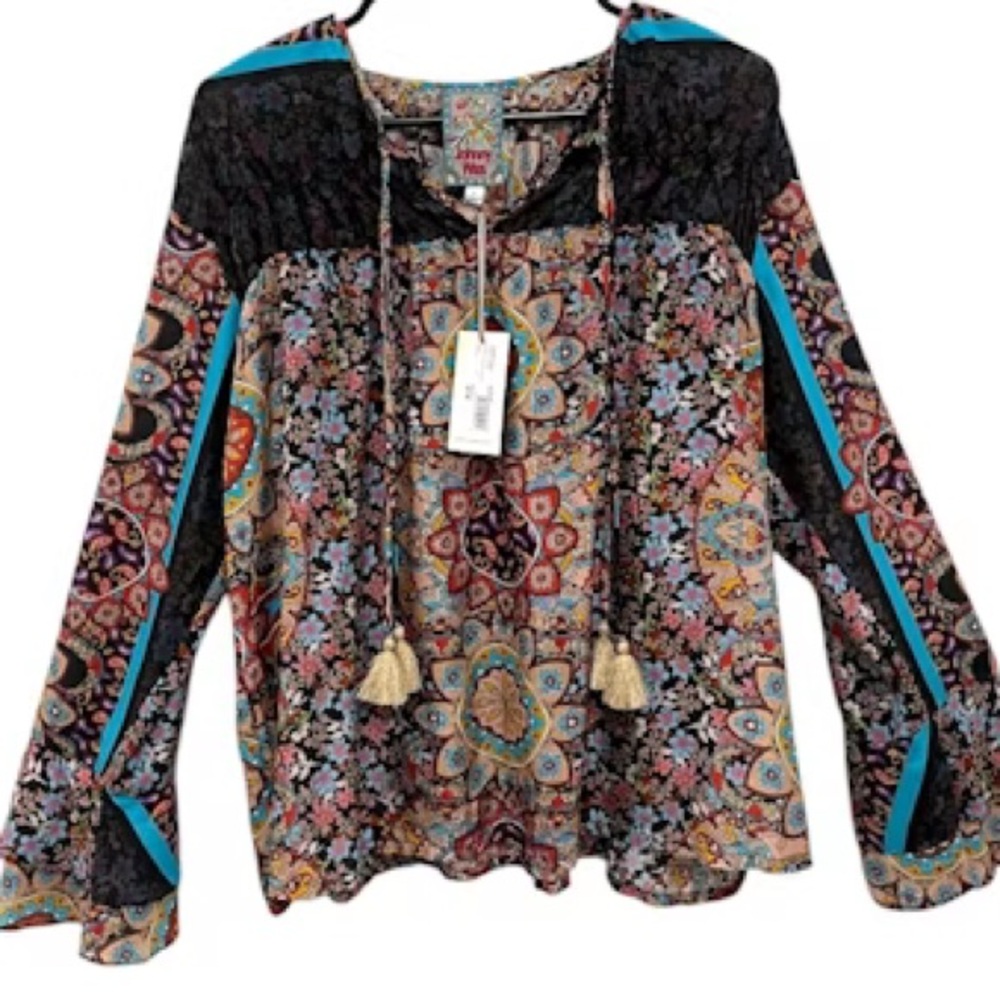 Johnny Was Black Multicolor Paisley Floral Peasant Blouse with Turquoise Trim